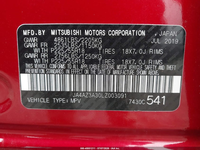 2020 Mitsubishi Outlander VIN JA4AZ3A30LZ003091 IAAI salvage auction — REAR END, Salvage (Pennsylvania), sold $5,100 on 2026-07-29 (photo 9)