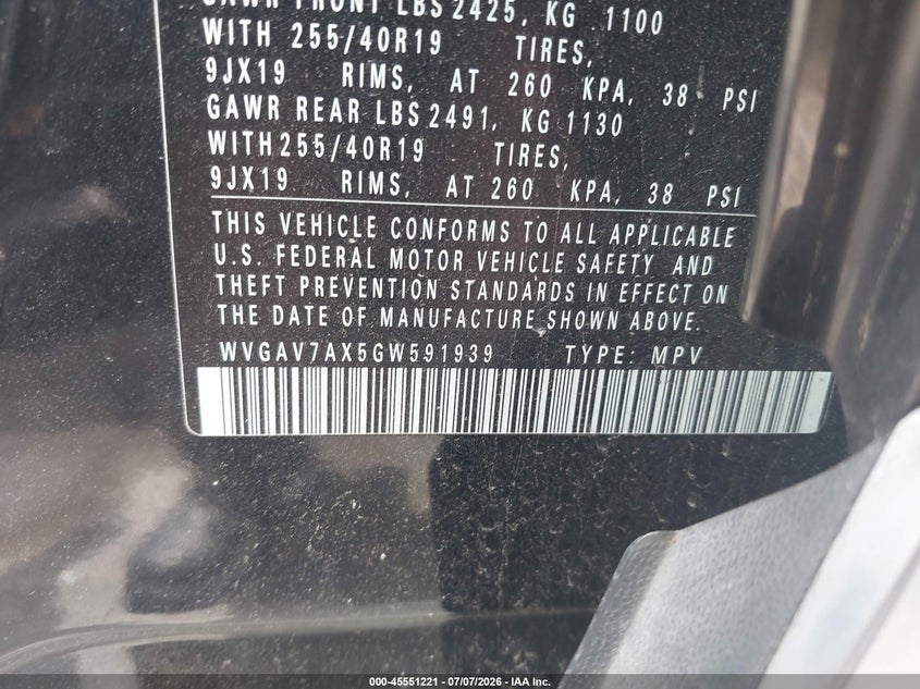 2016 Volkswagen Tiguan VIN WVGAV7AX5GW591939 IAAI salvage auction — FRONT END, Salvage (Ohio), sold $3,200 on 2026-07-24 (photo 9)
