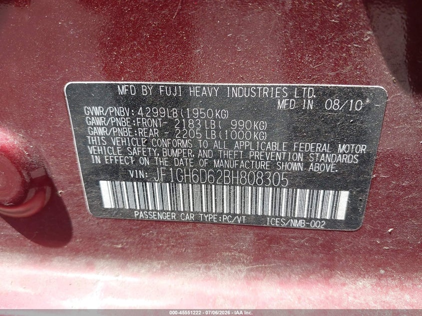 2011 Subaru Impreza VIN JF1GH6D62BH808305 IAAI salvage auction — FRONT & REAR, Bill Of Sale (Washington), sold $1,250 on 2026-07-30 (photo 9)