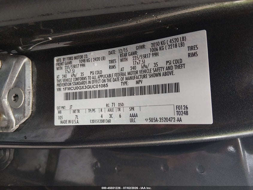 2016 Ford Escape VIN 1FMCU0GX3GUC01085 IAAI salvage auction — NORMAL WEAR, Salvage Title, sold $1,100 on 2026-08-03 (photo 9)