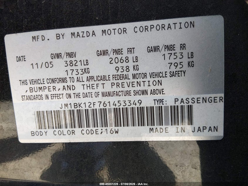2006 Mazda 3 VIN JM1BK12F761453349 IAAI salvage auction — NORMAL WEAR, Clear (Nevada), sold $225 on 2026-07-17 (photo 9)