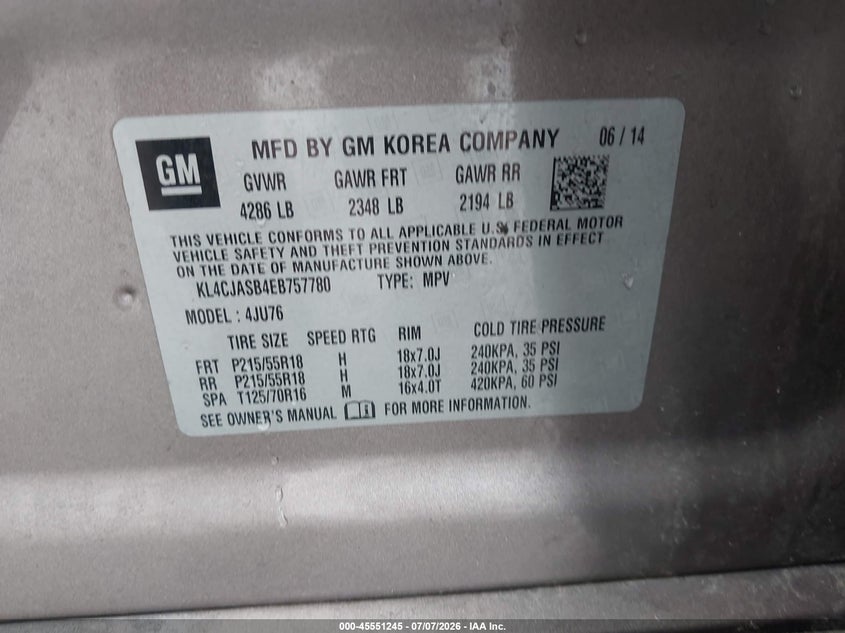 2014 Buick Encore VIN KL4CJASB4EB757780 IAAI salvage auction — NORMAL WEAR, Clear (Massachusetts), sold $100 on 2026-07-28 (photo 9)