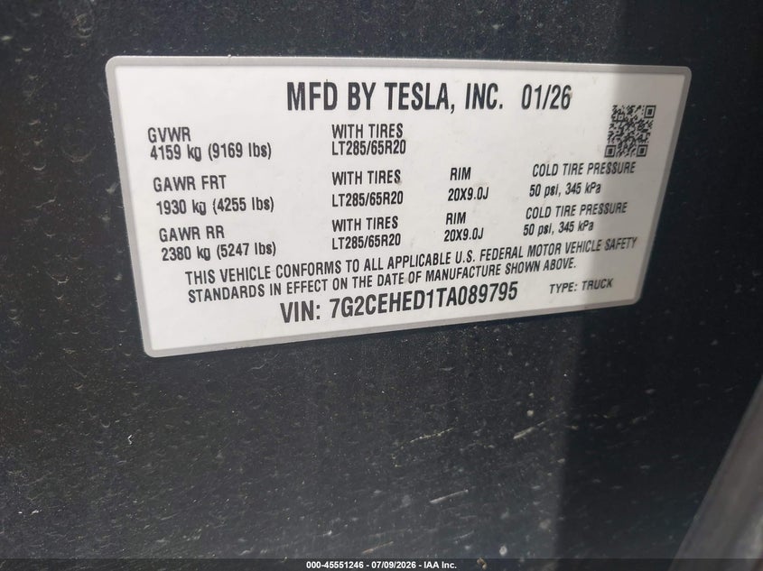2026 Tesla Cybertruck VIN 7G2CEHED1TA089795 IAAI salvage auction — RIGHT FRONT, Salvage Title, sold $34,100 on 2026-09-03 (photo 9)