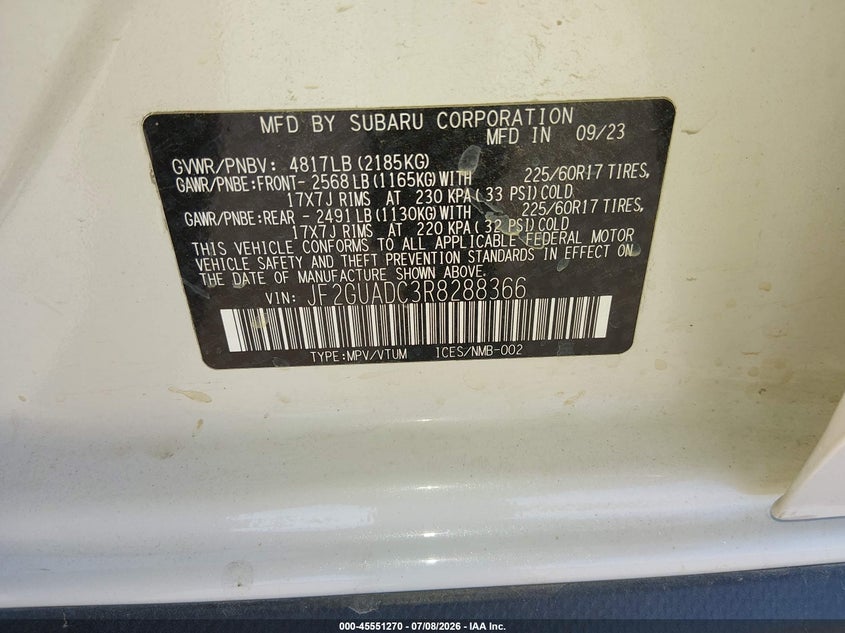 2024 Subaru Xv VIN JF2GUADC3R8288366 IAAI salvage auction — FRONT END, Salvage Title, sold $7,200 on 2026-08-23 (photo 9)