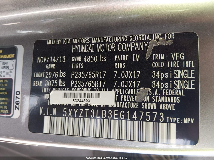 2014 Hyundai Santa fe VIN 5XYZT3LB3EG147573 IAAI salvage auction — NORMAL WEAR, Clear-Dealer Only (Arizona), sold $1,550 on 2026-07-28 (photo 9)