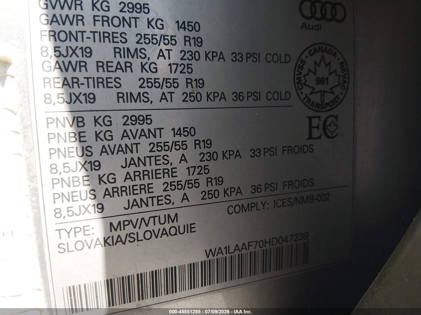 2017 Audi Q7 VIN WA1LAAF70HD047239 IAAI salvage auction — FRONT END, Salvage (Rhode Island), sold $6,250 on 2026-08-19 (photo 9)