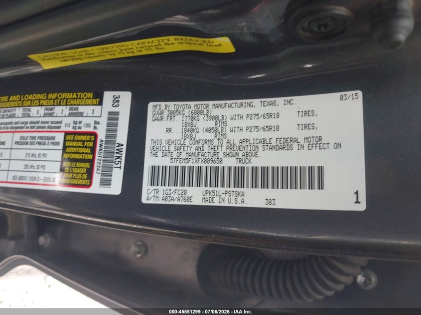 2015 Toyota Tundra VIN 5TFEM5F1XFX089650 IAAI salvage auction — LEFT FRONT, Salvage (Georgia), sold $8,650 on 2026-08-22 (photo 9)