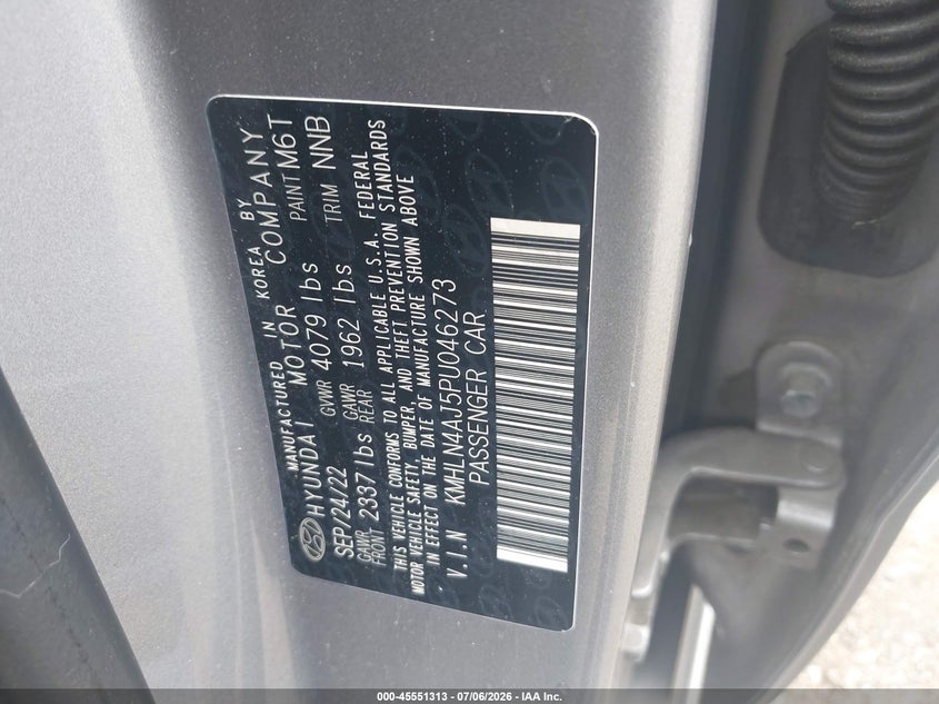2023 Hyundai Elantra VIN KMHLN4AJ5PU046273 IAAI salvage auction — RIGHT FRONT, Salvage Title, sold $5,500 on 2026-07-19 (photo 9)
