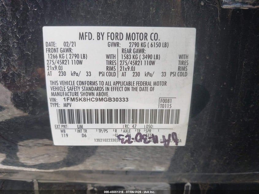 2021 Ford Explorer VIN 1FM5K8HC9MGB30333 IAAI salvage auction — REAR END, Salvage (Ohio), sold $10,100 on 2026-08-21 (photo 9)