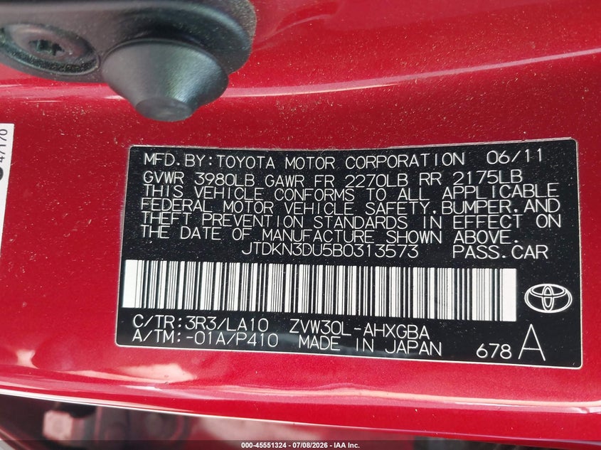 2011 Toyota Prius VIN JTDKN3DU5B0313573 IAAI salvage auction — RIGHT SIDE, Salvage (North Carolina), sold $1,575 on 2026-07-30 (photo 9)