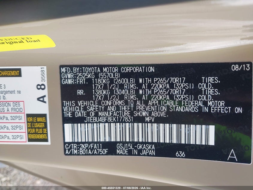 2014 Toyota Fj cruiser VIN JTEBU4BF8EK177831 IAAI salvage auction — WATER/FLOOD, Certificate Of Destruction (Louisiana), sold $8,100 on 2026-07-29 (photo 9)