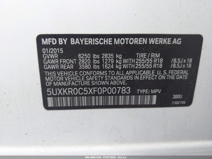 2015 BMW X5 VIN 5UXKR0C5XF0P00783 IAAI salvage auction — REAR END, Salvage (Pennsylvania), sold $4,050 on 2026-07-14 (photo 9)
