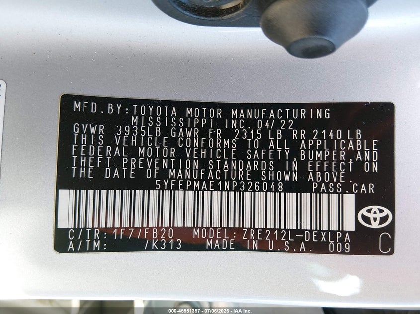 2022 Toyota Corolla VIN 5YFEPMAE1NP326048 IAAI salvage auction — FRONT END, Salvage (California), sold $225 on 2026-07-28 (photo 9)