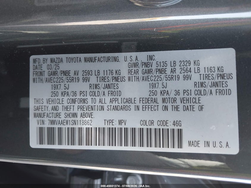 2025 Mazda Cx-50 VIN 7MMVAAEW1SN118862 IAAI salvage auction — FRONT END, Rebuildable (Florida), sold $9,000 on 2026-07-20 (photo 9)