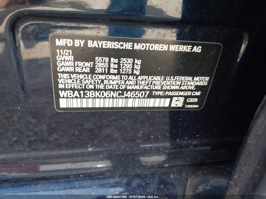 2022 BMW 5er VIN WBA13BK06NCJ46507 IAAI salvage auction — LEFT FRONT, Original (Texas), sold $22,250 on 2026-09-03 (photo 9)