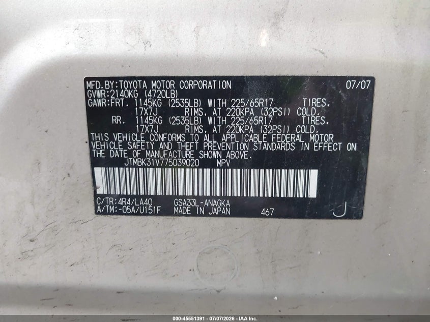 2007 Toyota Rav 4 VIN JTMBK31V775039020 IAAI salvage auction — RIGHT FRONT, Mv-907A (New York), sold $575 on 2026-07-23 (photo 9)