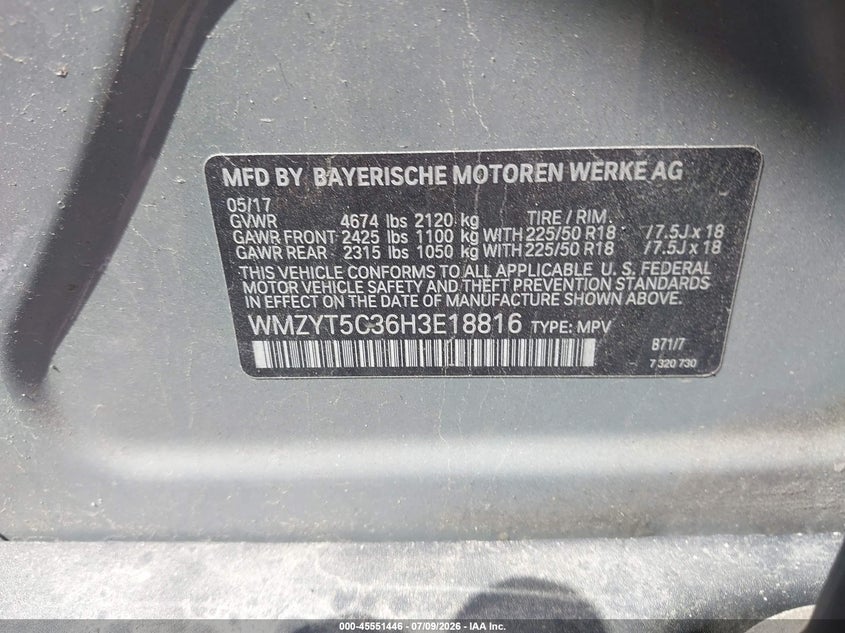 2017 Mini Countryman VIN WMZYT5C36H3E18816 IAAI salvage auction — SIDE, Salvage (Massachusetts), sold $2,750 on 2026-07-31 (photo 9)