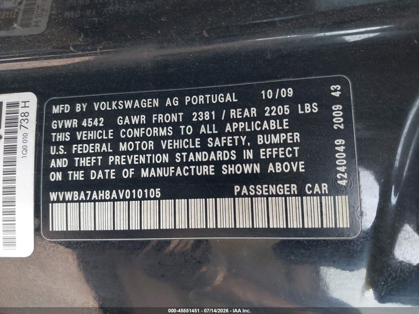 2010 Volkswagen Eos VIN WVWBA7AH8AV010105 IAAI salvage auction — REAR END, Mv-907A (New York), sold $400 on 2026-08-04 (photo 9)
