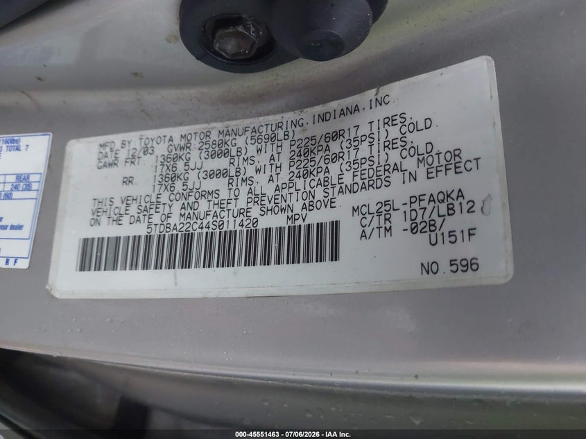 2004 Toyota Sienna VIN 5TDBA22C44S011420 IAAI salvage auction — NORMAL WEAR, Clear (New York), sold $600 on 2026-07-21 (photo 9)