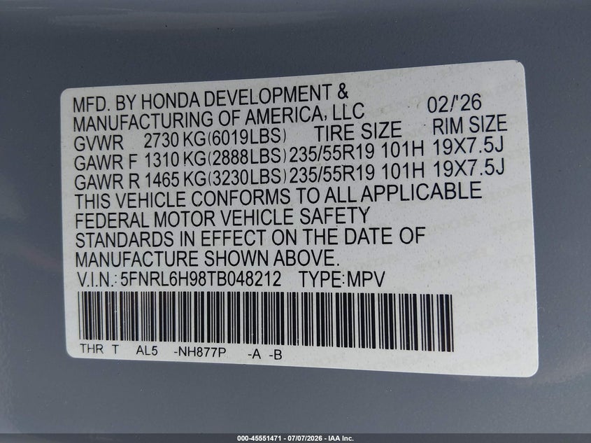 2026 Honda Odyssey VIN 5FNRL6H98TB048212 IAAI salvage auction — RIGHT SIDE, Salvage (Ohio), sold $17,600 on 2026-07-29 (photo 9)