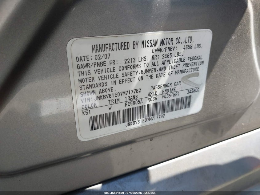 2007 Infiniti G35 VIN JNKBV61E07M717782 IAAI salvage auction — NORMAL WEAR, Salvage Title - Dealer (California), sold $525 on 2026-07-09 (photo 9)