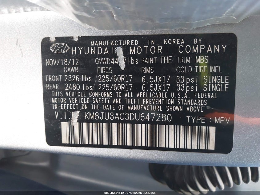 2013 Hyundai Tucson VIN KM8JU3AC3DU647280 IAAI salvage auction — NORMAL WEAR, Original (Texas), sold $1,600 on 2026-07-20 (photo 9)