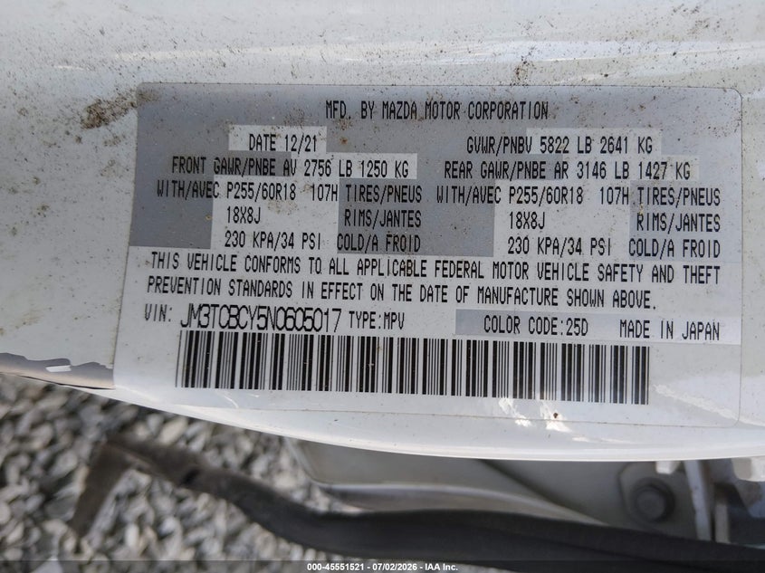2022 Mazda Cx-9 VIN JM3TCBCY5N0605017 IAAI salvage auction — NORMAL WEAR, Salvage (Oregon), sold $4,025 on 2026-07-29 (photo 9)