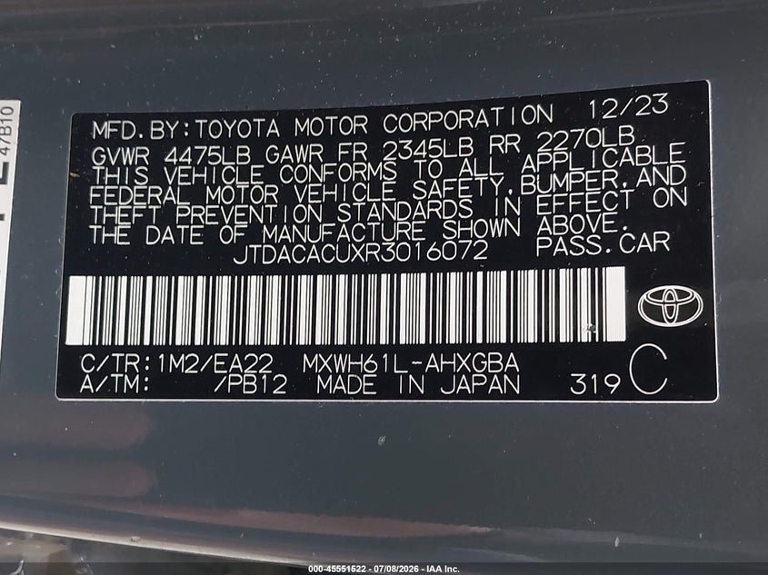 2024 Toyota Prius VIN JTDACACUXR3016072 IAAI salvage auction — REAR END, Bill Of Sale (Washington), sold $15,950 on 2026-07-15 (photo 9)