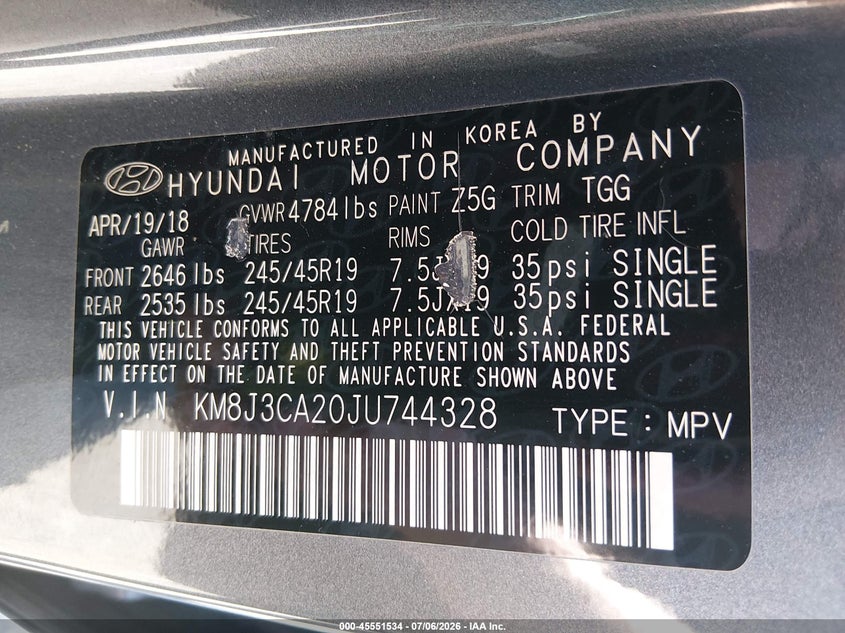 2018 Hyundai Tucson VIN KM8J3CA20JU744328 IAAI salvage auction — REAR END, Bill Of Sale (Washington), sold $225 on 2026-07-29 (photo 9)