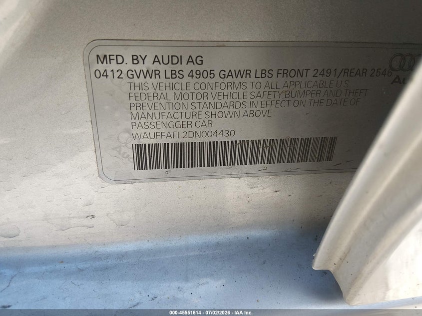 2013 Audi A4 VIN WAUFFAFL2DN004430 IAAI salvage auction — FRONT END, Salvage (Idaho), sold $1,000 on 2026-07-31 (photo 9)