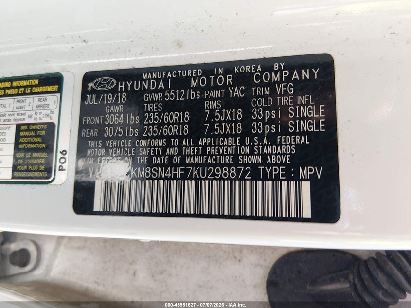 2019 Hyundai Santa fe VIN KM8SN4HF7KU298872 IAAI salvage auction — FRONT END, Salvage (Louisiana), sold $2,150 on 2026-07-19 (photo 9)