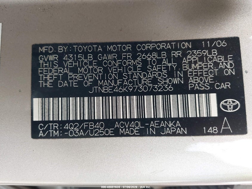 2007 Toyota Camry VIN JTNBE46K973073236 IAAI salvage auction — REAR END, Rebuildable (Florida), sold $325 on 2026-07-21 (photo 9)