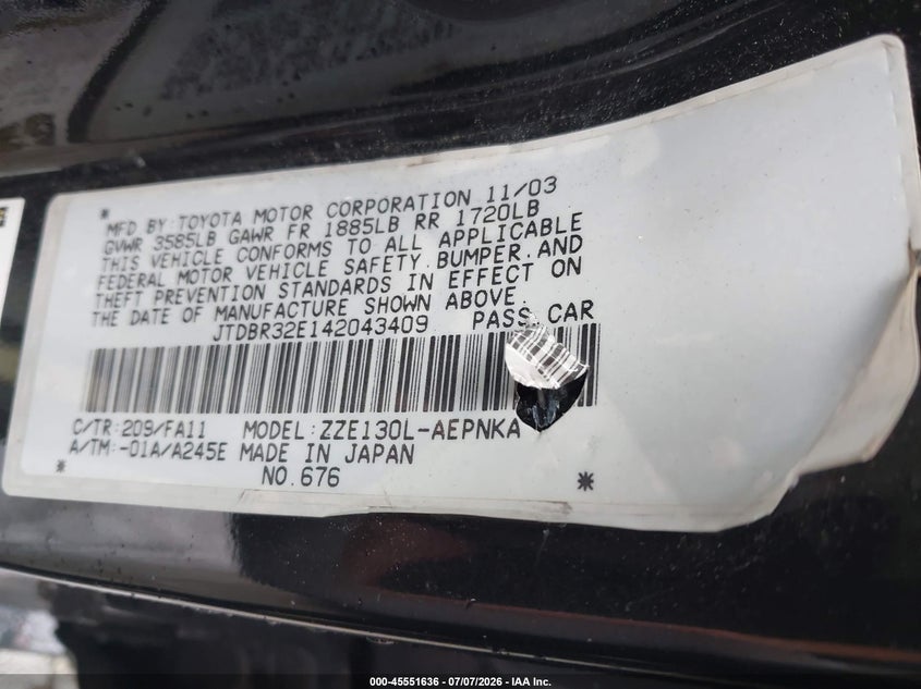 2004 Toyota Corolla VIN JTDBR32E142043409 IAAI salvage auction — NORMAL WEAR, Clear (Massachusetts), sold $575 on 2026-07-28 (photo 9)
