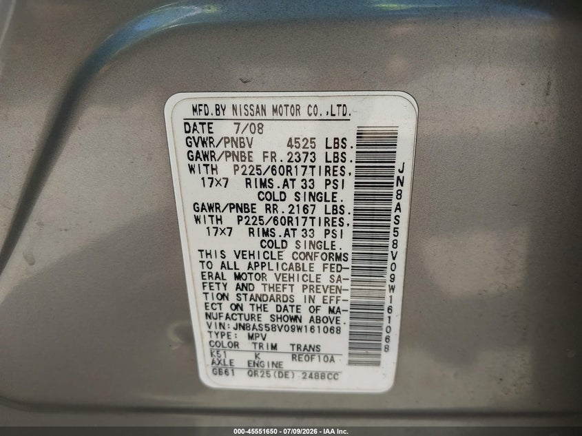 2009 Nissan Rogue VIN JN8AS58V09W161068 IAAI salvage auction — FRONT END, Salvage (Connecticut), sold $400 on 2026-07-23 (photo 9)