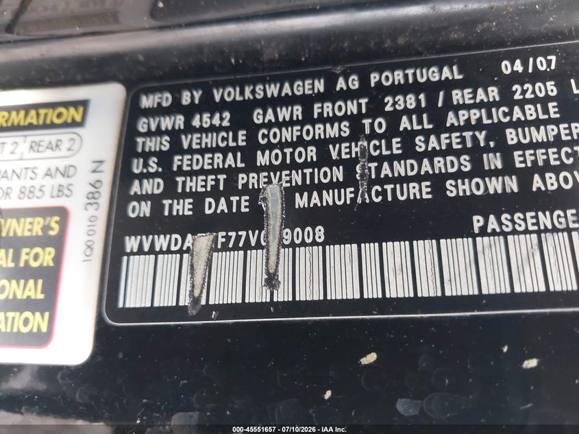 2007 Volkswagen Eos VIN WVWDA71F77V049008 IAAI salvage auction — NORMAL WEAR, Clear (Florida), sold $300 on 2026-07-21 (photo 9)