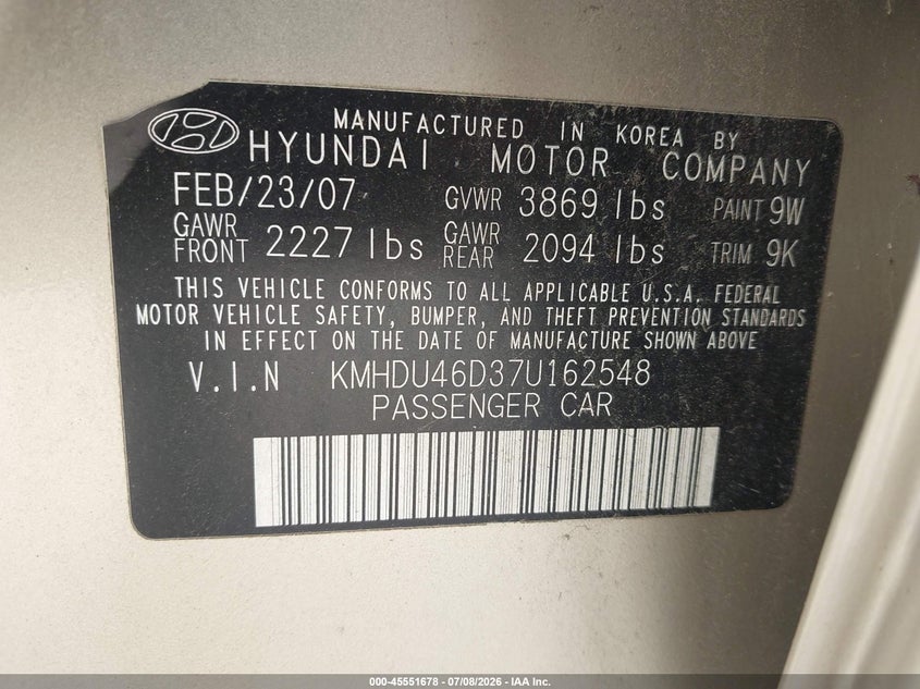 2007 Hyundai Elantra VIN KMHDU46D37U162548 IAAI salvage auction — HAIL, Junk Bill Of Sale Mv2459 (Wisconsin), sold $175 on 2026-07-15 (photo 9)
