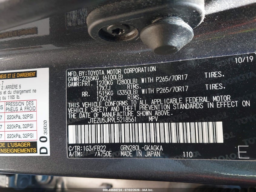 2020 Toyota 4runner VIN JTEZU5JR9L5218561 IAAI salvage auction — FRONT END, Salvage Title, sold $7,400 on 2026-07-29 (photo 9)