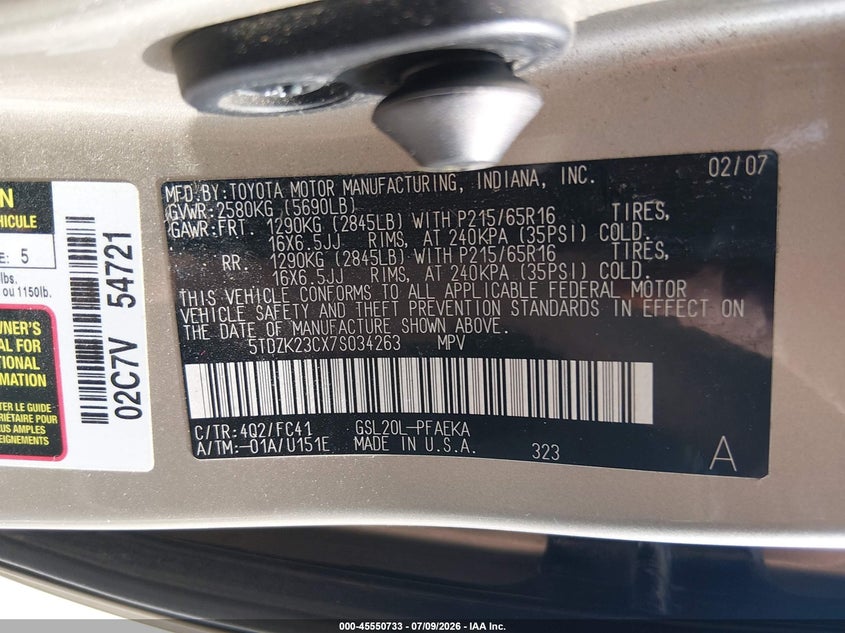 2007 Toyota Sienna VIN 5TDZK23CX7S034263 IAAI salvage auction — FRONT END, Salvage (Pennsylvania), sold $625 on 2026-07-29 (photo 9)