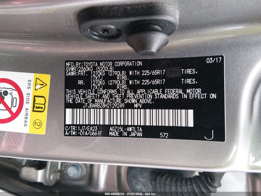 2017 Lexus Nx VIN JTJBARBZ8H2129249 IAAI salvage auction — NORMAL WEAR, Clear (New Jersey), sold $11,600 on 2026-07-14 (photo 9)
