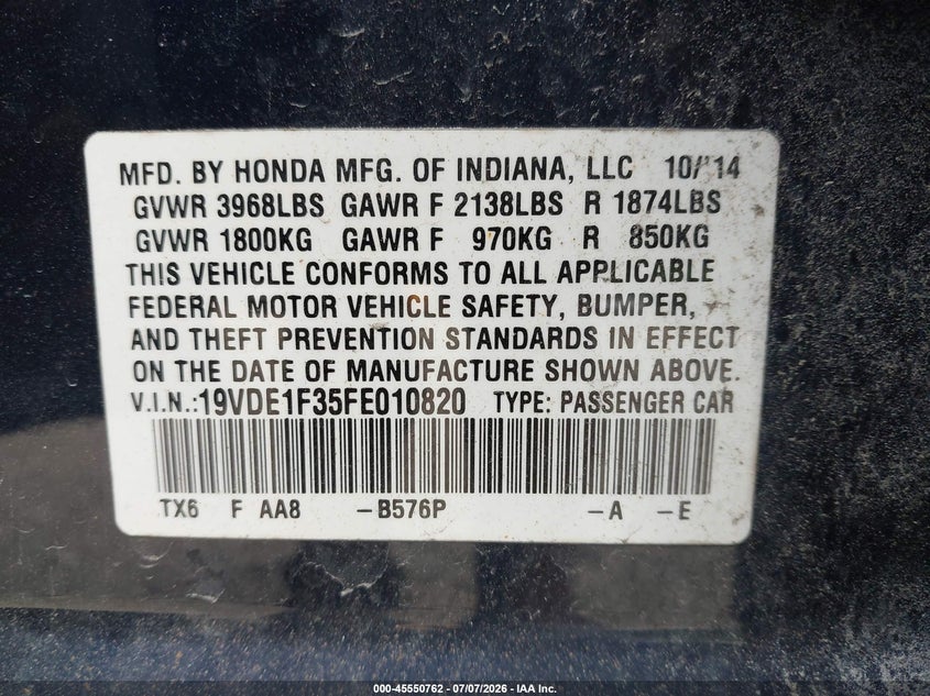 2015 Acura Ilx VIN 19VDE1F35FE010820 IAAI salvage auction — REAR END, Wait Title, sold $1,325 on 2026-09-10 (photo 9)