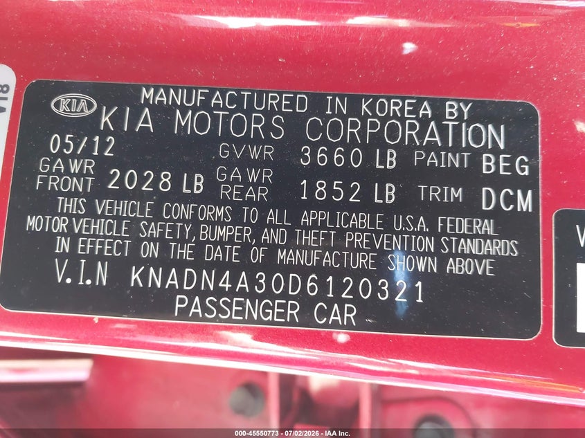 2013 Kia Rio VIN KNADN4A30D6120321 IAAI salvage auction — NORMAL WEAR, Clear - Dealer Only (California), sold $875 on 2026-07-29 (photo 9)