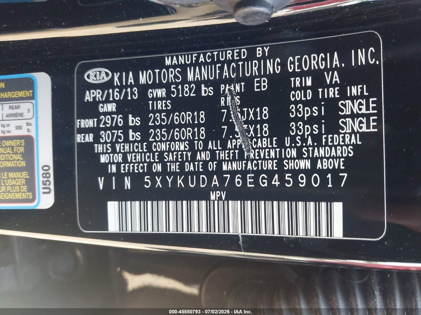 2014 Kia Sorento VIN 5XYKUDA76EG459017 IAAI salvage auction — NORMAL WEAR, Clear (New York), sold $1,300 on 2026-07-28 (photo 9)