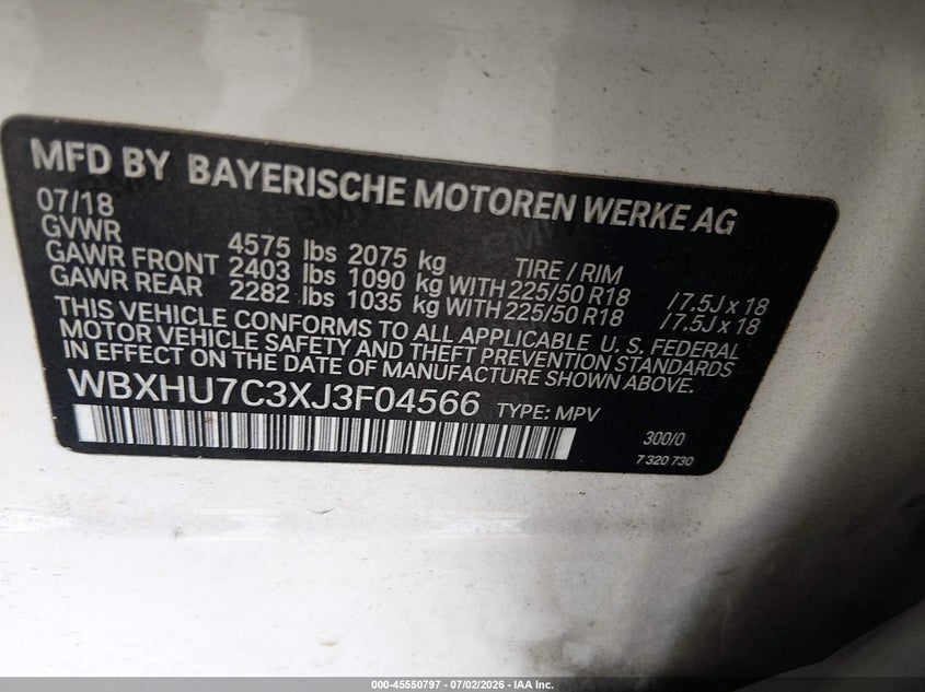 2018 BMW X1 VIN WBXHU7C3XJ3F04566 IAAI salvage auction — UNDERCARRIAGE, Salvage (Georgia), sold $3,500 on 2026-07-31 (photo 9)