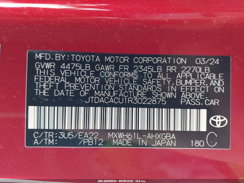 2024 Toyota Prius VIN JTDACACU1R3022875 IAAI salvage auction — FRONT END, Salvage Title, sold $8,300 on 2026-10-14 (photo 9)