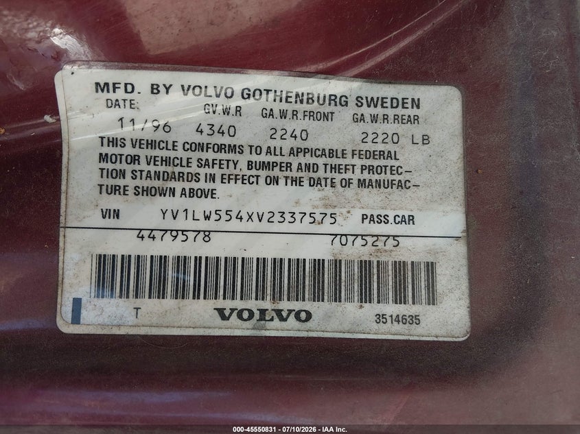 1997 Volvo 850 VIN YV1LW554XV2337575 IAAI salvage auction — NORMAL WEAR, Clear (Washington), sold $375 on 2026-07-15 (photo 9)