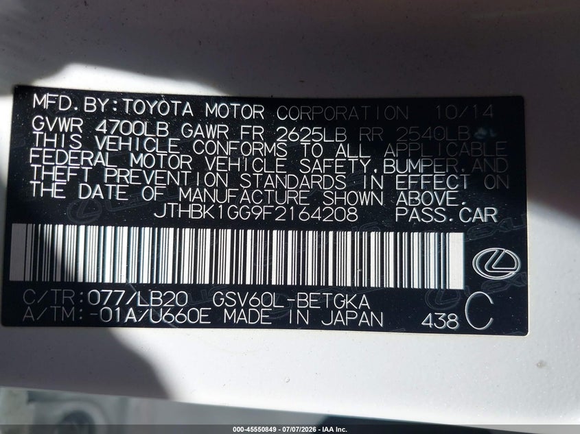 2015 Lexus ES VIN JTHBK1GG9F2164208 IAAI salvage auction — LEFT FRONT, Wait Title, sold $3,200 on 2026-08-02 (photo 9)