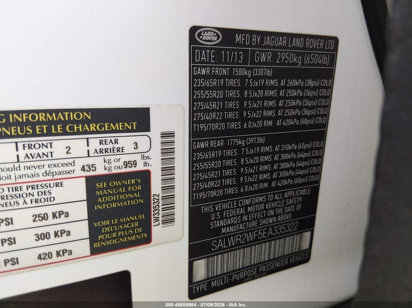 2014 Land rover Range rover sport VIN SALWR2WF5EA335322 IAAI salvage auction — NORMAL WEAR, Clear (South Carolina), sold $1,875 on 2026-07-20 (photo 9)