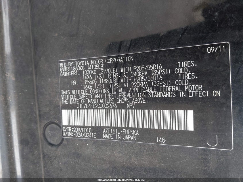 2012 Scion Xb VIN JTLZE4FE2CJ002676 IAAI salvage auction — FRONT END, Salvage - Greater Than 75% (Maryland), sold $525 on 2026-07-22 (photo 9)