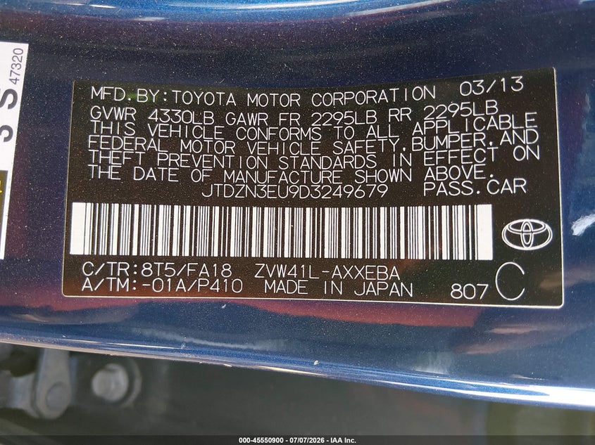 2013 Toyota Prius v VIN JTDZN3EU9D3249679 IAAI salvage auction — NORMAL WEAR, Clear-Dealer Only (Arizona), sold $650 on 2026-07-28 (photo 9)