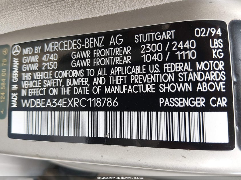 1994 Mercedes-benz E-class VIN WDBEA34EXRC118786 IAAI salvage auction — NORMAL WEAR, Clear - Dealer Only (California), sold $8,500 on 2026-07-30 (photo 9)